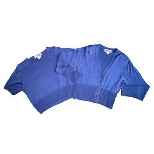 Vtg 90s Carlisle Blue 100% Silk 2 Piece Set Cardigan & Short Sleeve Top Size XL